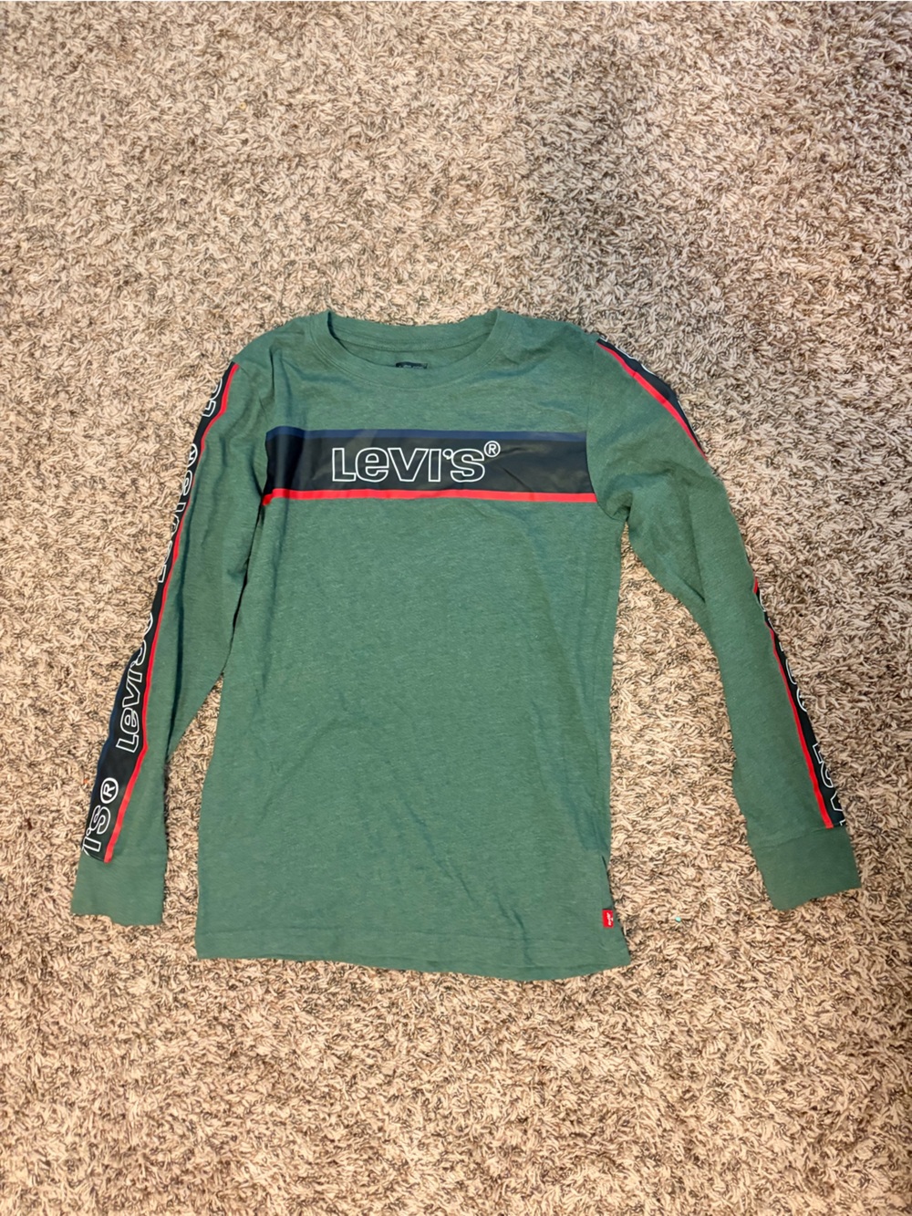 Levi's Green Long Sleeve Tee with Navy and Red Logo Stripe